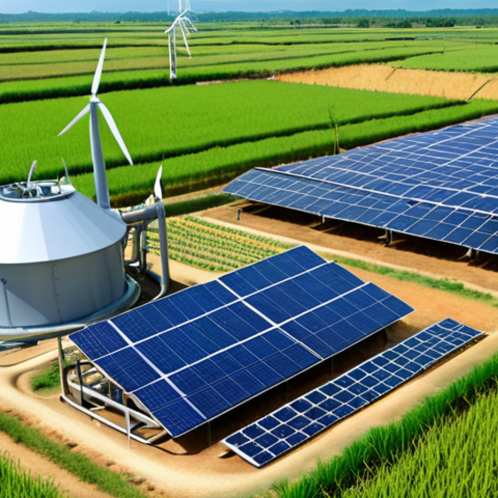 Green Hydrogen Electrolysis in Thailand**

Prompt: "A modern, futuristic-looking electrolysis plant in a rural Thai setting, perhaps near a rice paddy or sugar cane field. Solar panels and wind turbines are providing the electricity. Show pipes leading from the plant, suggesting hydrogen transport. Focus on clean, bright, sustainable energy."

**