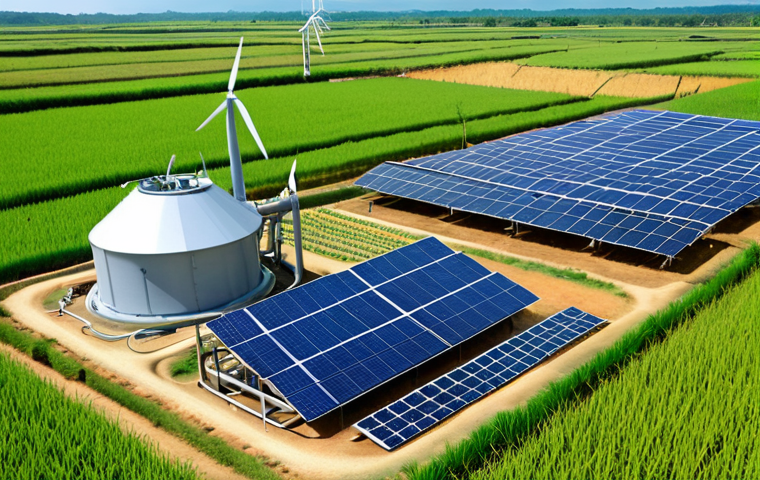 Green Hydrogen Electrolysis in Thailand**

Prompt: "A modern, futuristic-looking electrolysis plant in a rural Thai setting, perhaps near a rice paddy or sugar cane field. Solar panels and wind turbines are providing the electricity. Show pipes leading from the plant, suggesting hydrogen transport. Focus on clean, bright, sustainable energy."

**