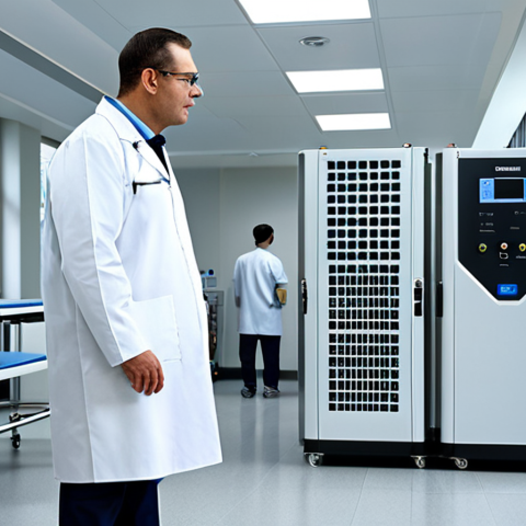 Hydrogen Fuel Cell Backup Power at a Hospital**
"A modern, clean hospital interior. In the foreground, a fully clothed engineer in a professional lab coat inspects a hydrogen fuel cell backup power system. The system is sleek and high-tech. Background: hospital equipment and medical staff attending to patients. Safe for work. Appropriate content. Fully clothed. Perfect anatomy, correct proportions, professional, high-quality rendering, family-friendly."
**