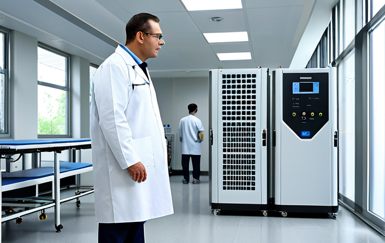 Hydrogen Fuel Cell Backup Power at a Hospital**
"A modern, clean hospital interior. In the foreground, a fully clothed engineer in a professional lab coat inspects a hydrogen fuel cell backup power system. The system is sleek and high-tech. Background: hospital equipment and medical staff attending to patients. Safe for work. Appropriate content. Fully clothed. Perfect anatomy, correct proportions, professional, high-quality rendering, family-friendly."
**