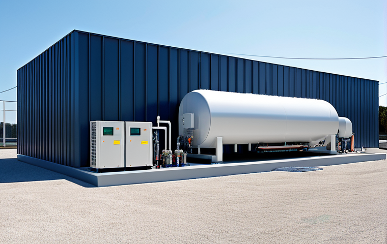 Hydrogen Fuel Cell CHP Plant**
A modern hydrogen fuel cell combined heat and power (CHP) plant in a clean industrial setting, with solar panels in the background, reflecting sustainable energy. The plant is fully operational, with visible indicators of power generation and heat recovery systems. Emphasize safety measures and environmental friendliness. Safe for work, appropriate content, fully clothed, professional, depicting a futuristic and efficient power source. Perfect anatomy, correct proportions, natural environment, well-formed structures, proper component count.
**