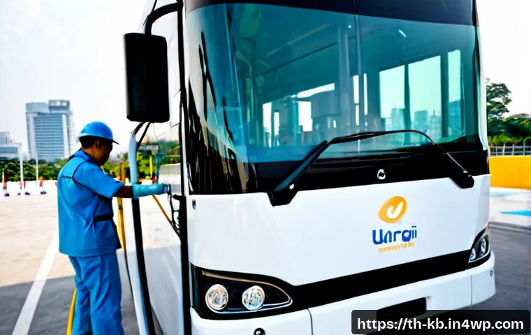 수소연료전지 기술의 상용화 사례 연구 - Photorealistic hydrogen fuel cell city bus refueling at a modern clean-energy station in Bangkok, Th...